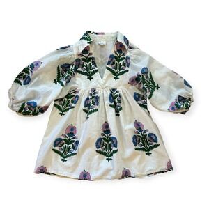 Saule Parc XS Floral Block Print Cotton Puff Sleeve Babydoll Top White Boho